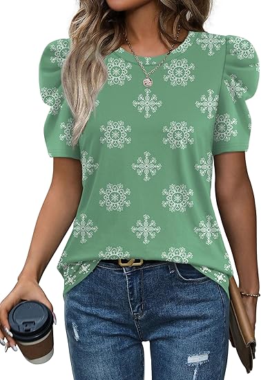 Women Puff Sleeve Crewneck T Shirts Dressy Casual Blouses Spring Outfits Fashion Clothes