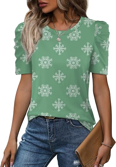 Women Puff Sleeve Crewneck T Shirts Dressy Casual Blouses Spring Outfits Fashion Clothes