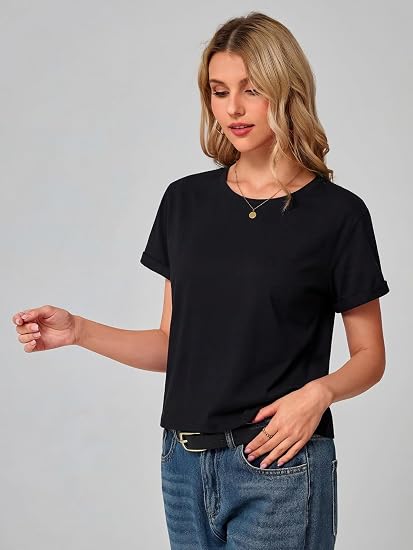 Women's Short Sleeve Cropped T Shirts Summer Crewneck Crop Tops Solid Basic Tees