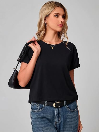 Women's Short Sleeve Cropped T Shirts Summer Crewneck Crop Tops Solid Basic Tees